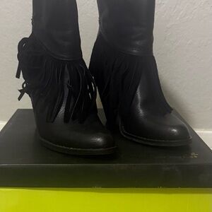 Volatile Black Fringe Heeled Ankle Boots